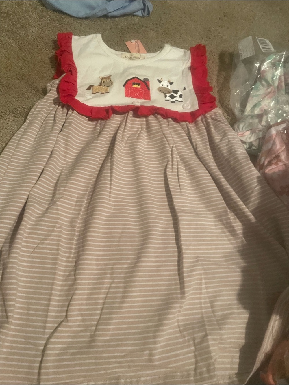 Girls Farm Animal Ruffle Dress with Red Trim
